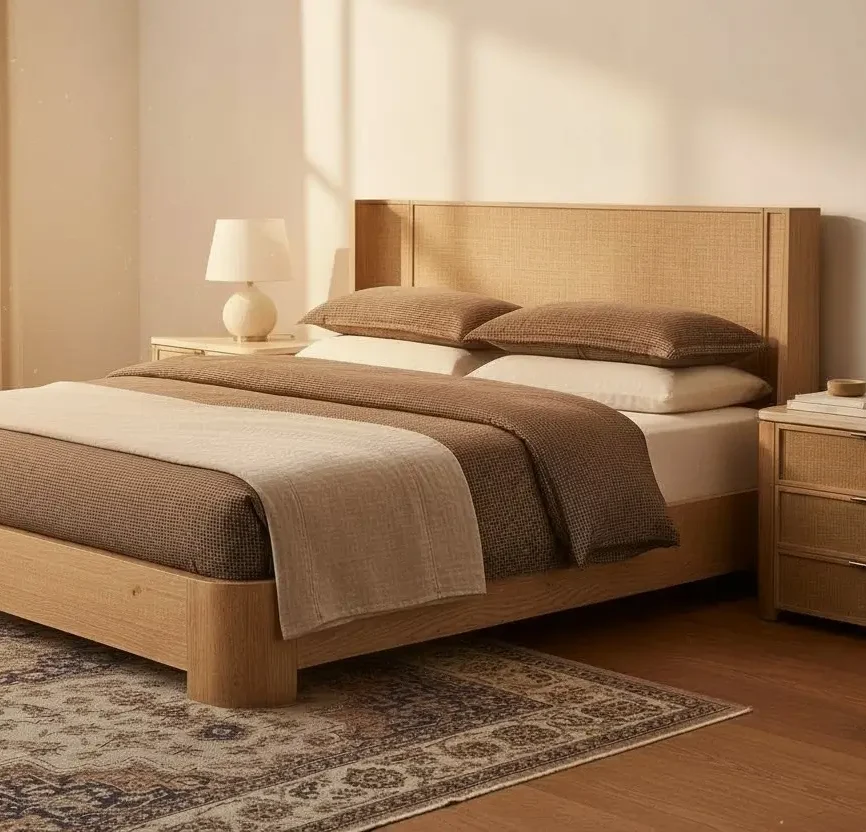 Elva travertine top 3-drawer nightstand styled in a modern bedroom with warm neutral tones